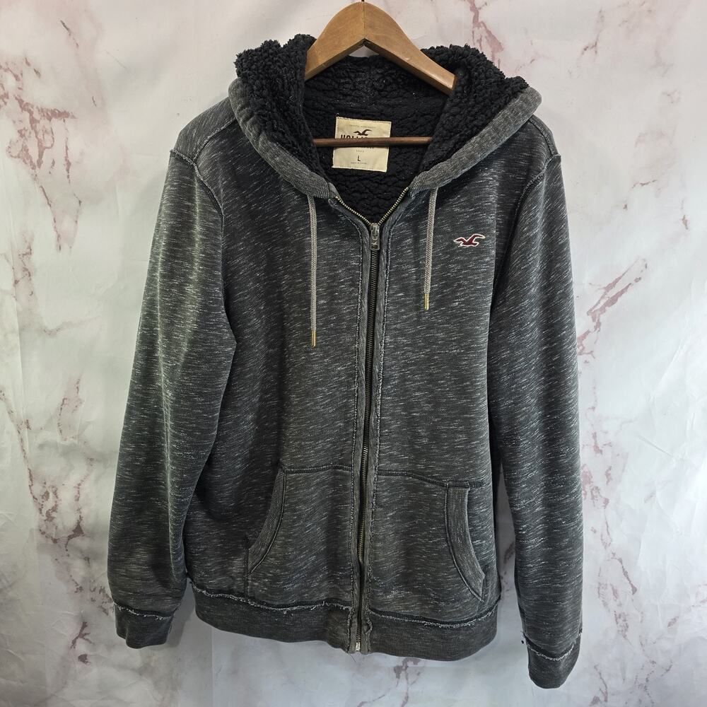 Hollister Hoodie Mens Large Gray Sherpa Lined Sweatshirt Jacket Thick Heavy Y2K